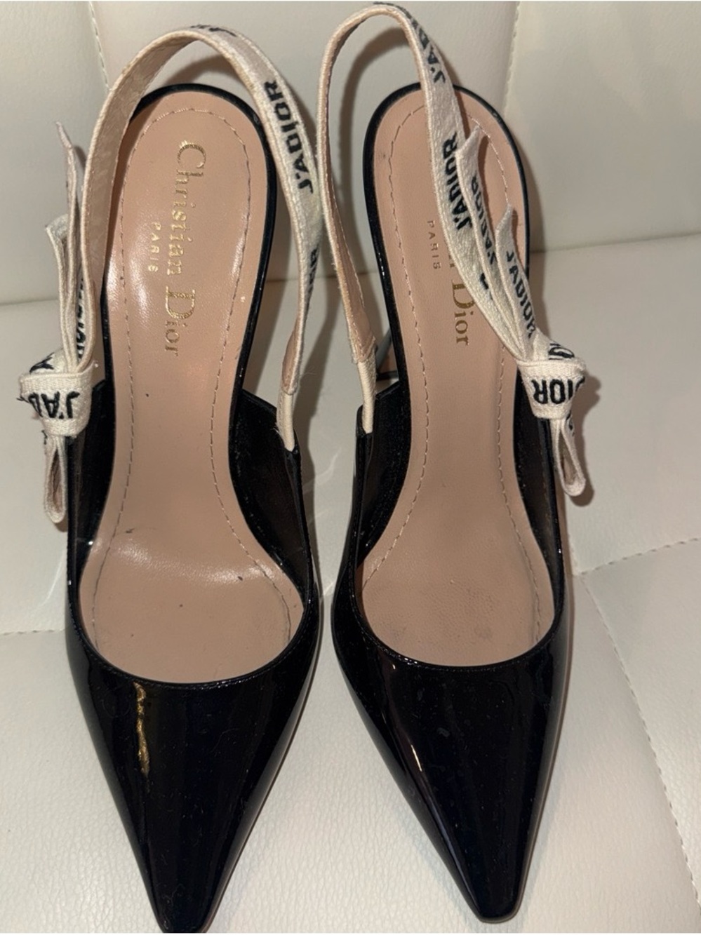 Dior Black Patent Slingbacks with Ivory Logo Strap - Picture 2 of 4